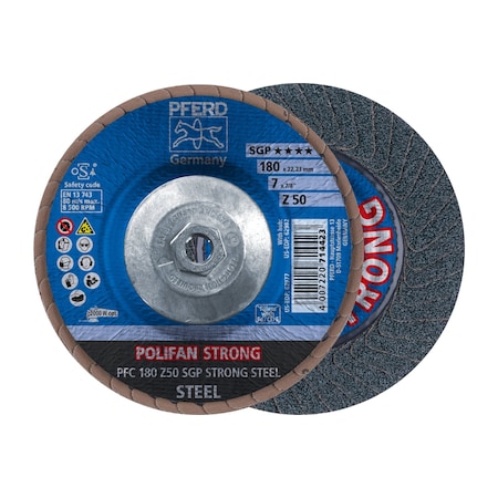 Pferd 7" x 5/8-11 Thd. POLIFAN Flap Disc - Z SGP STRONG STEEL, Zirconia, 50 Grit, Conical 62982